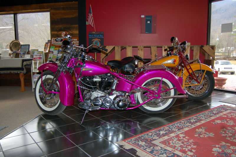 wheelsThruTime0037.JPG - Restored Harleys from the 30's.  Dale restored the fluorescent colored bike for its owner; it is awaiting delivery.